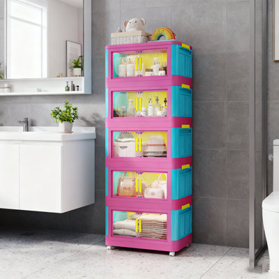 Armoire de rangement pliante bleue et rose de 20 po, bacs pliables en plastique - porte magnétique, roulettes pour la mobilité, assemblage rapide, idéal pour le salon / la cuisine / la chambre à coucher / le dortoir