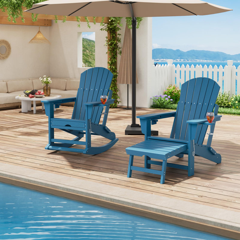 4 in 1 Folding HDPE Adirondack Chair with Ottoman & Rocking Base, All-Weather Patio Chair with Cup Holder, 400 LBS Capacity
