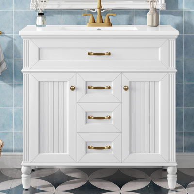 Bathroom Vanity With Sink Combo, White Freestanding Cabinet, Ceramic Basin, MDF + Solid Wood Frame, Flip-Out Top Drawer, Soft Close Doors, 2 Storage Drawers