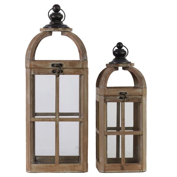 Glitzhome Rustic Farmhouse Wooden Lantern Set of 2, Brown Fir Wood,  Galvanized Base, Indoor Use, Candle Not Included in the Candle Holders  department at