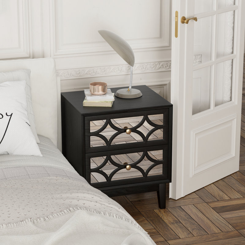 Modern 2 Drawer Nightstand With Mirrored Fronts In Black, Black