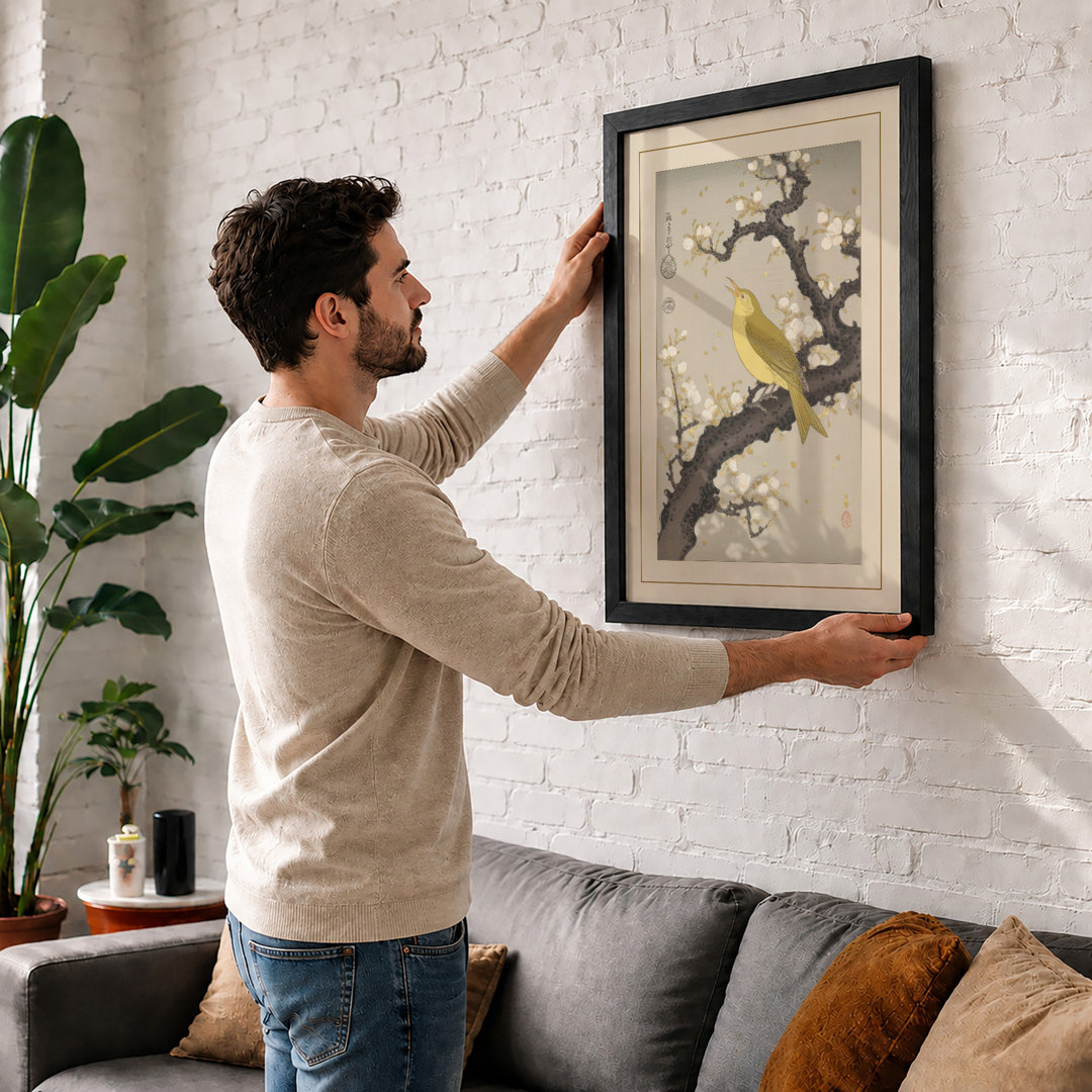 Bird on Blossom Branch Japandi - Framed Print