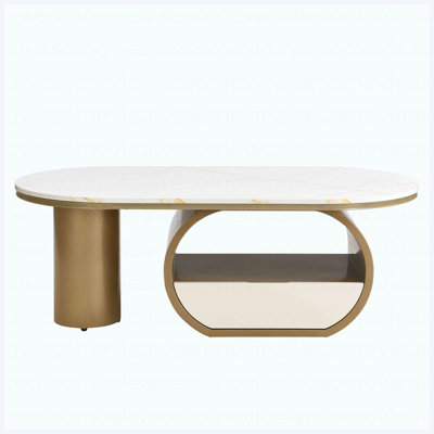 Table basse ovale de luxe moderne, table basse de 47,24 po avec tiroir de rangement, plateau en faux marbre, table centrale en métal doré pour le salon