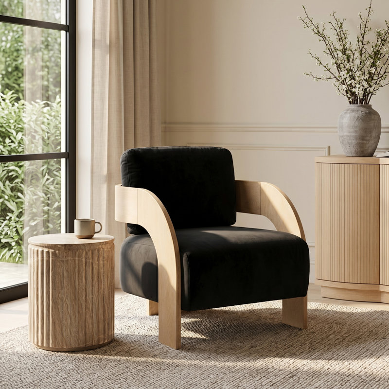 Fauteuil d'appoint Cedra, Velours noir, Naturel