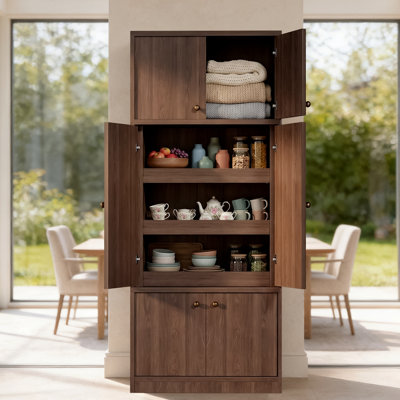 Armoire de rangement de 71 po de hauteur avec 2 armoires à double porte, 3 tiroirs et sécurité anti-basculement, finition noyer