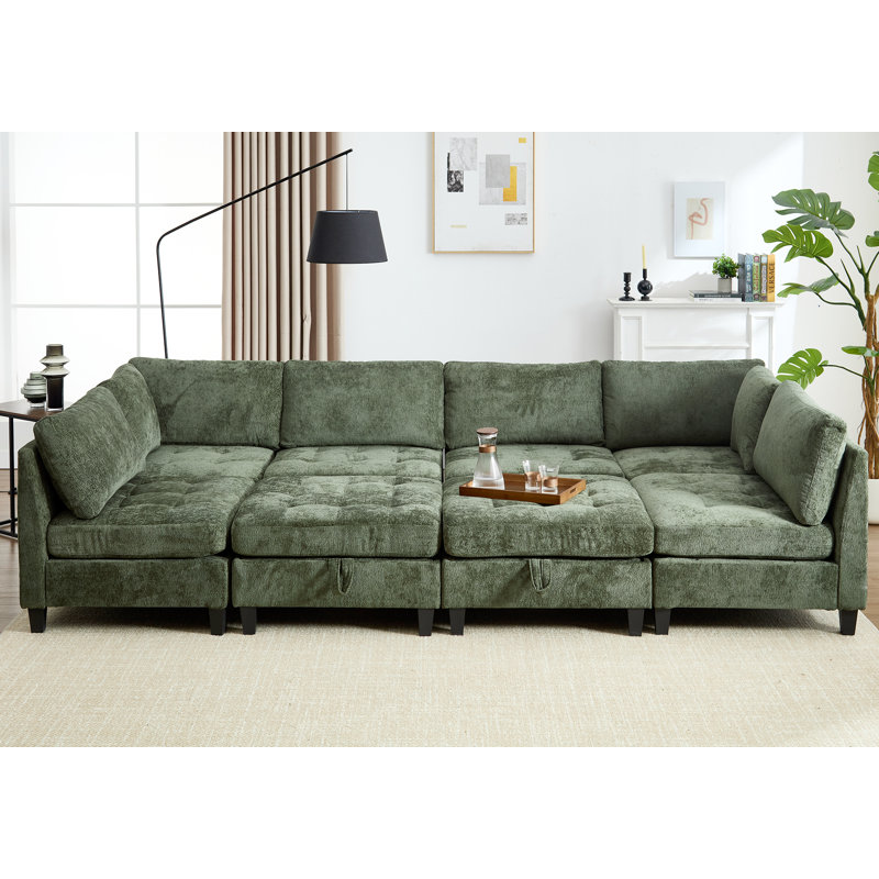 8-Piece Chenille Sleeper Sectional Corner Couch Modular Sofa Bed with Storage Ottoman, 33.5" H x 256" W x 32.3" D