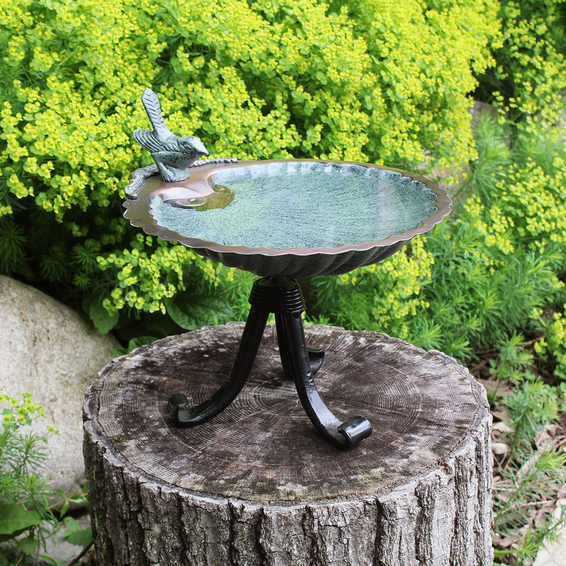 Antique Brass Scallop Shell Birdbath with Tripod Stand