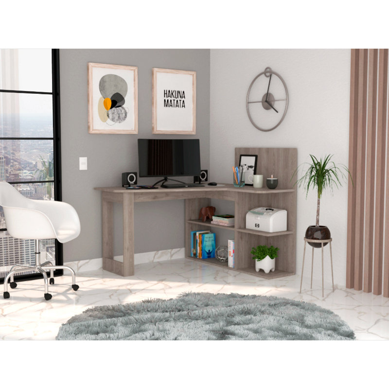 Writing Computer Desk, Five Open Shelves, Gray