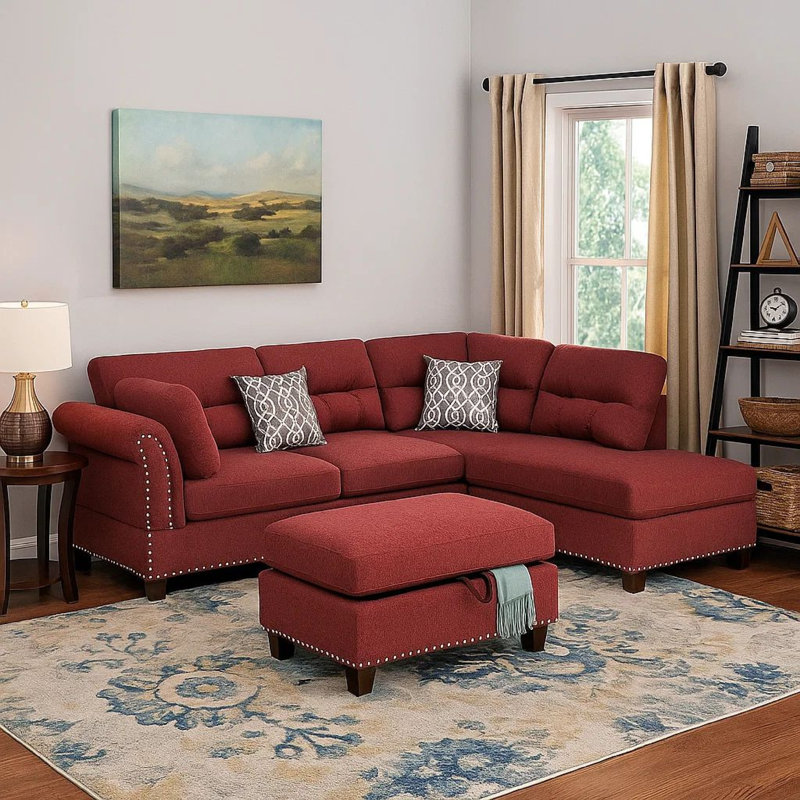 Canapé modulaire réversible de 76 po en soie et méridienne avec repose-pieds, Velours rouge