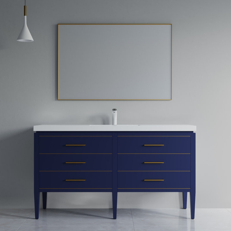 Meuble-lavabo double 61 po avec plateau en résine Alonsa, Simple, Bleu / laiton