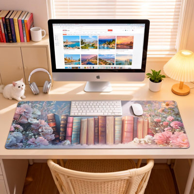 Mignon tapis de souris de jeu à motif floral esthétique, tapis de bureau bleu rose avec base antidérapante et bords cousus, fournitures de bureau et décoration de bureau pour femmes, 31,5 po x 15,7 po