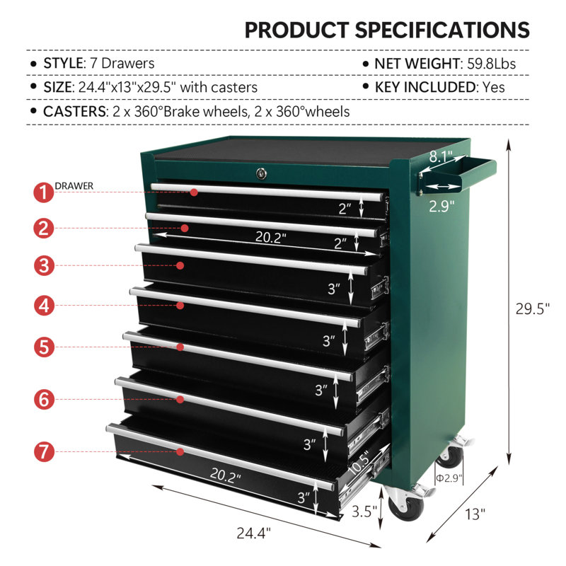 7-Drawer Rolling Tool Cart, Rolling Tool Box On Wheels, Lockable Home Repair Tool Storage Organizer, Tool Chest Cabinet For Mechanic, Garage