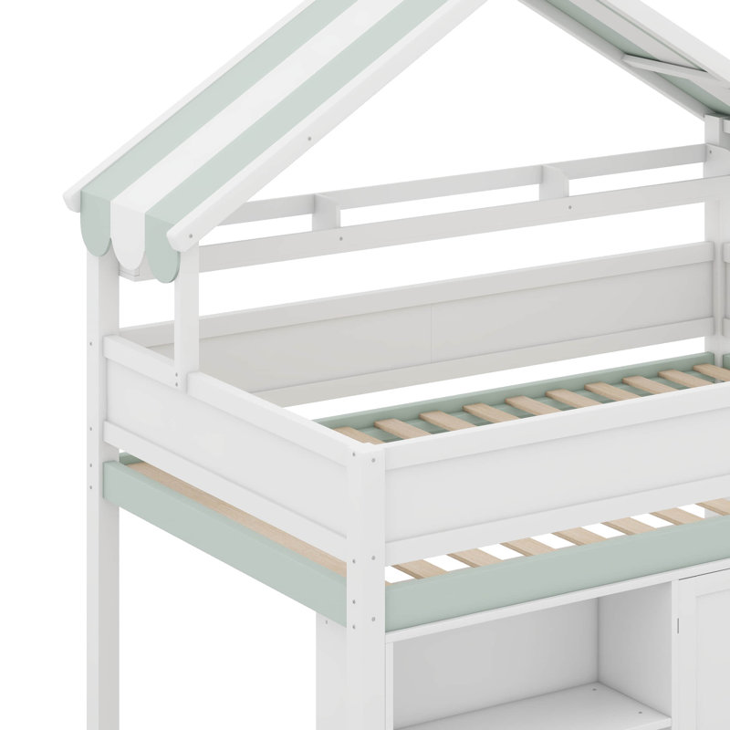 Full Size Loft Bed With Canopy Roof And Storage Cabinet, White/Green