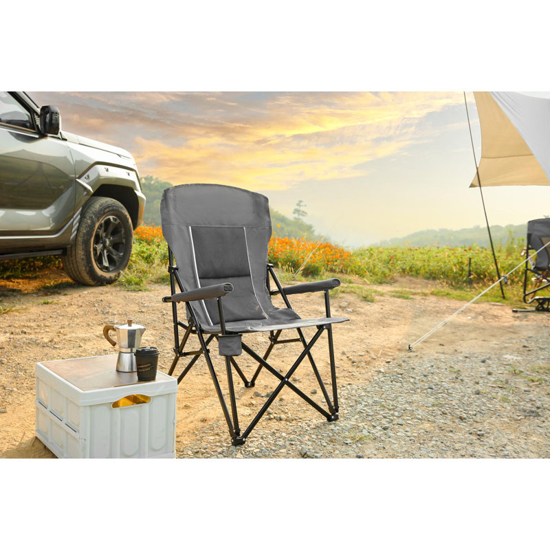 Portable Collapsible Heavy Duty Lawn Chair With Cup Holder And Steel Frame, Gray