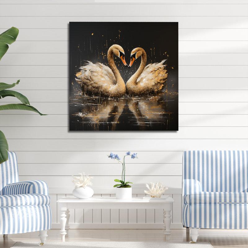 Golden Swans Wandering Pond 3 - cygne, art mural animal, H 16 po x l 16 po x P 1 po