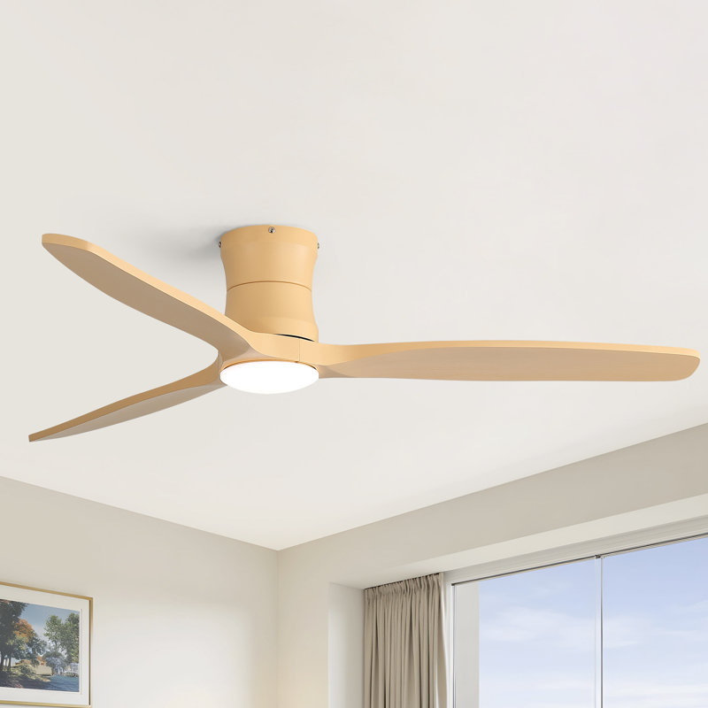 52" 3-Solid Wood Blade Transitional Modern Flush Mount Dimmable Led Ceiling Fan With Light Kit And Remote Control