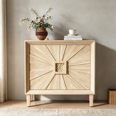 Buffet à crédence modulaire 31,5 "Mid-Century naturel antique, petite armoire avec portes symétriques Sunburst, armoire d'appoint avec tablettes réglables pour la salle à manger, le vestibule et le couloir