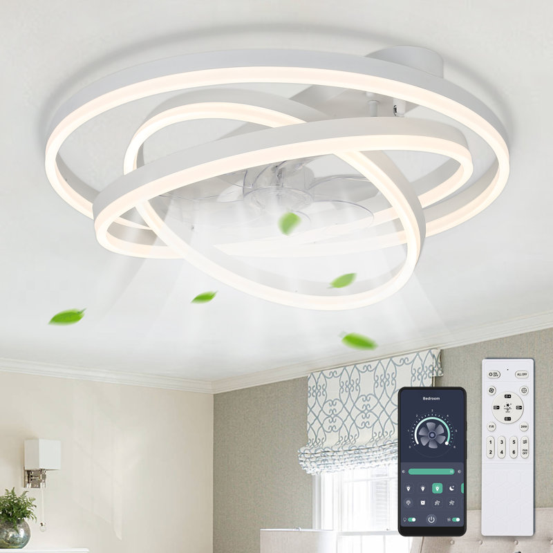 24" Flush Mount Ceiling Fan with Adjustable Dimmable LED Light Kit Remote , White