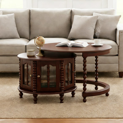 Vintage Round Nesting Coffee Table with Closed Glass-Door Storage Cabinet