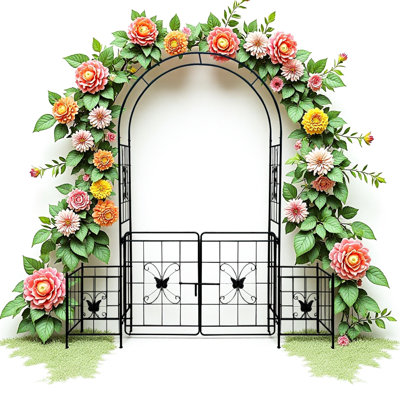 Iron Garden Trellis With Gate, Ideal For Climbing Plants In Various Festival Occasions, 7.15Ft Metal Arch Lightweight Structure Vegetables Lawn And Patio Areas