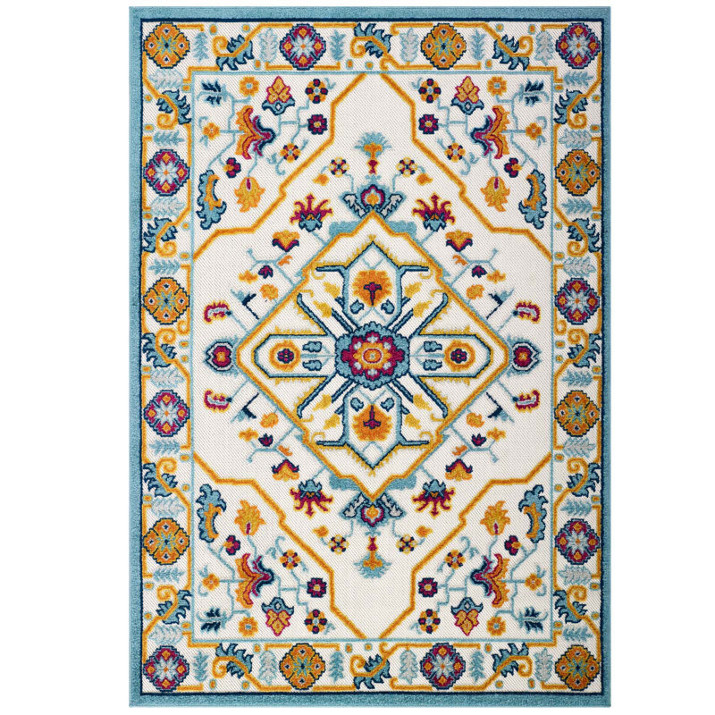 Blue Floral Synthetic Rectangular Stain-Resistant Area Rug