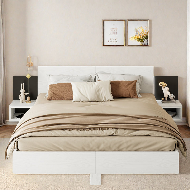 Wooden Floating Platform Bed With Led Lights And Built-in Nightstands, White
