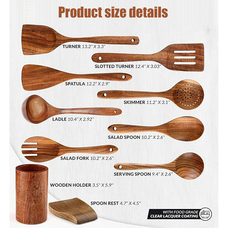 Teak Wood 10-Piece Cooking Utensil Set with Holder