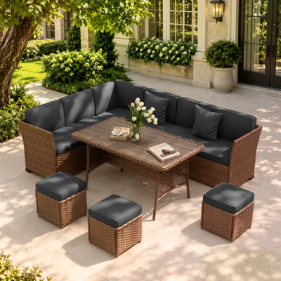 7 Piece Wicker Outdoor Patio Conversation Furniture Set with Dining Table