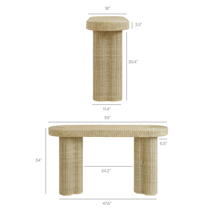 Console ovale Sarova de 59 pouces en rotin naturel, Rotin naturel