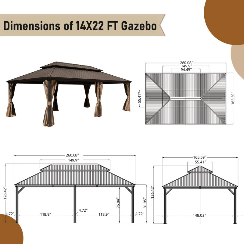 14X22ft Hardtop Gazebo, Outdoor Gazebo With Galvanized Steel Double Roof, Aluminum Frame, Built-In Gutter System, Curtain And Netting, Metal Gazebo Pavilion For Patio Deck Garden