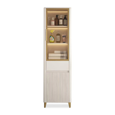 Meuble-lavabo moderne en chêne minimaliste avec portes en verre et rangement pour salle de bain