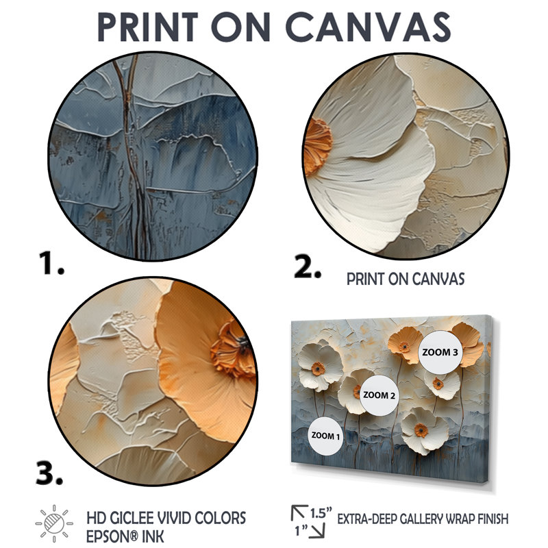 Art mural orange et blanc avec coquelicots II - Coquelicots, H 12 po x l 20 po, Cadre simple noir
