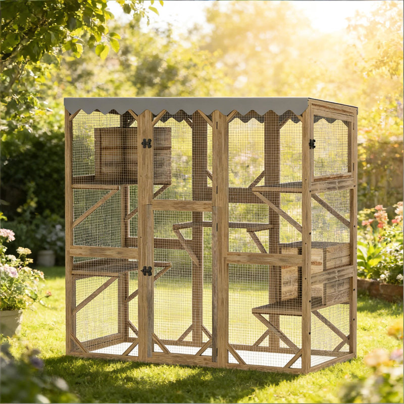 Enceinte pour chats pour chat, conception à plusieurs niveaux, système à quatre portes à extension facile, cinq plateformes, deux boîtes, bois massif et filet galvanisé, bâche imperméable
