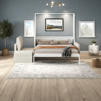 Grand lit escamotable peu encombrant avec canapé en MDF blanc et lin