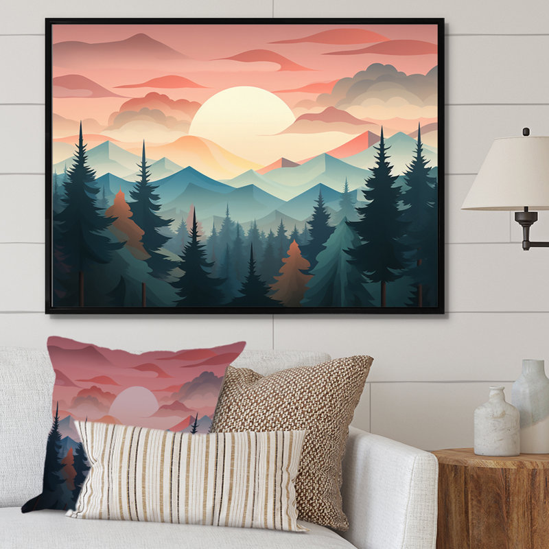Montagnes rêvassant au coucher du soleil sur les arbres de la forêt I, Cadre flottant noir, H 12 po x l 20 po