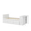 Lit plateforme simple en bois multifonctionnel avec bureau et tablette de rangement au bout du lit, lit gigogne intégré et 3 tiroirs-526349824