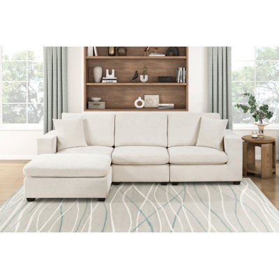 Contemporary 4-Piece Modular Sectional Ottoman Pillows Beige Chenille Upholstery Foam Cushion Plywood Frame Living Room Furniture