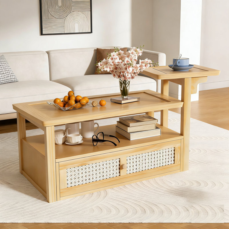 Modern Coffee Table with Storage Shelf, Dual Tabletops and Woven Drawer for Living Room Furniture