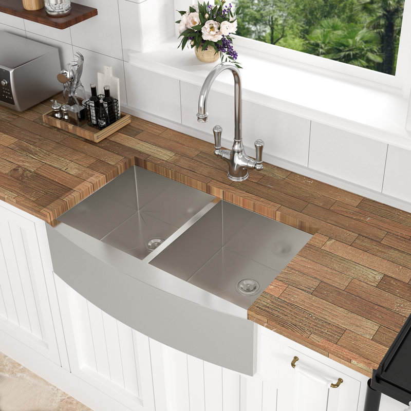 Double Bowl (50/50) Farmhouse Sink- 36" X 20" X 9"Stainless Steel Apron Front Kitchen Sink 16 Gauge With Two 9" Deep Basin