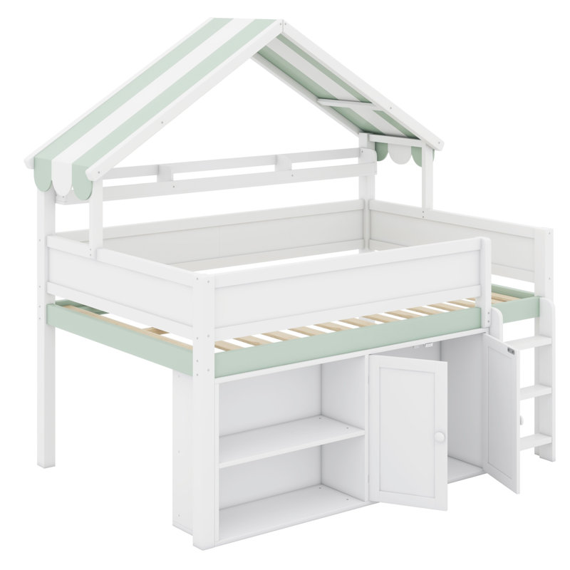 Lit mezzanine avec armoire de rangement spacieuse Dreamy, Blanc et vert