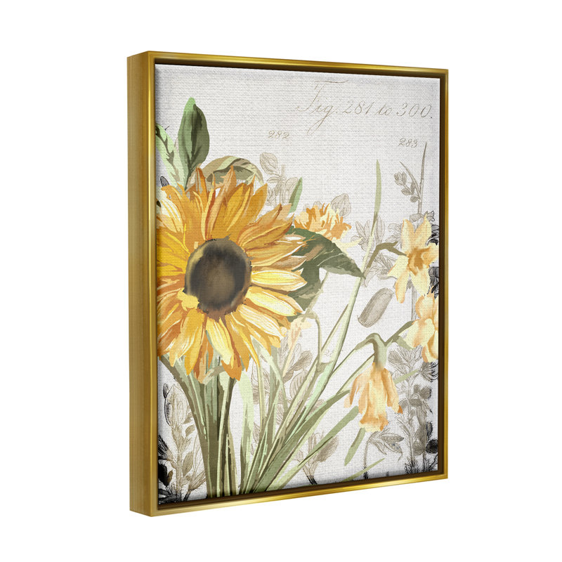 Doux tournesol, art floral sur toile, par Kim Allen, H 21 po x l 17 po x P 1,7 po, Cadre flottant métallique doré