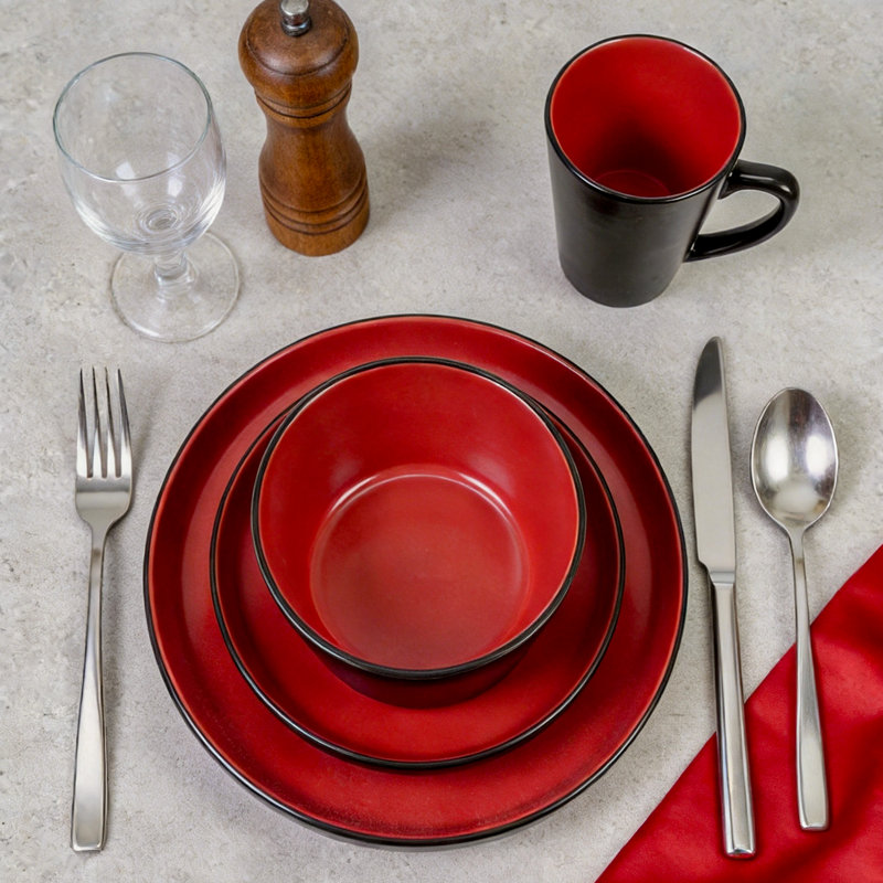 Service de table HomeVSS 8 pièces en grès ColorCore, intérieur rouge lustré et extérieur noir mat, pour 2 personnes, Rouge