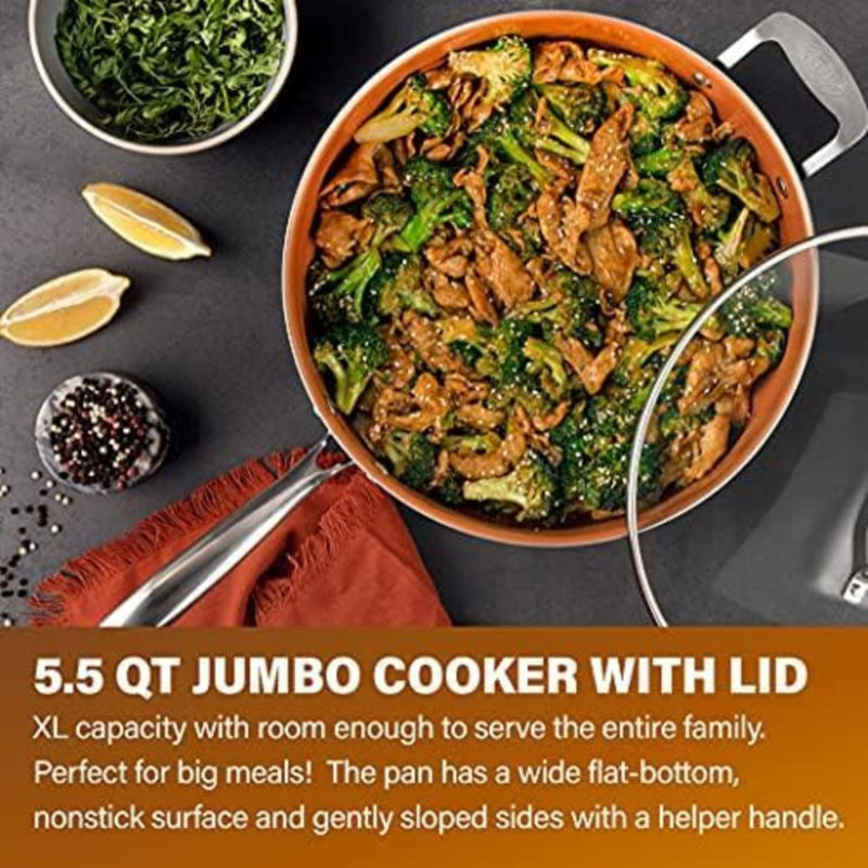 Gotham Steel Nonstick 5.5 Quart Multipurpose Deep Saute Jumbo Cooker Fry Pan with Glass Lid