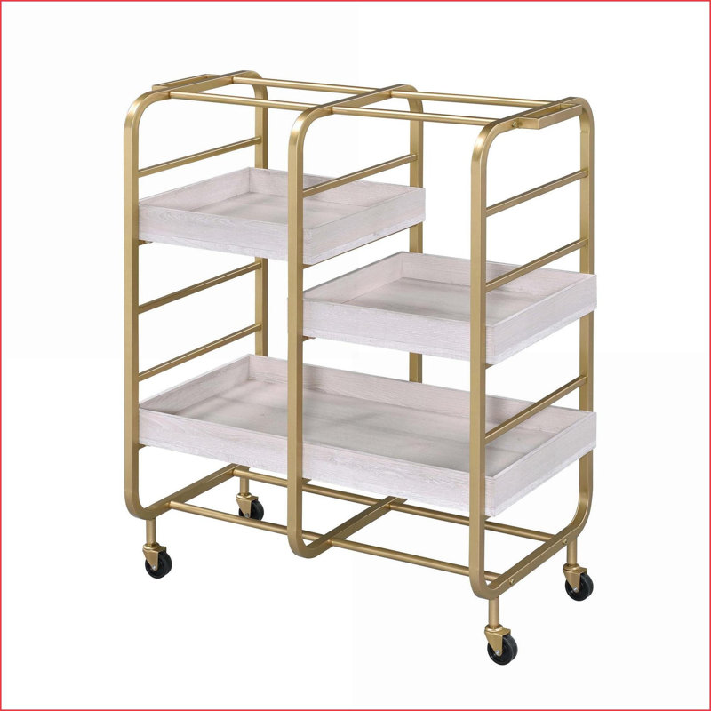 Chariot de service avec 3 plateaux réglables, cadre en métal robuste et amp; 4 roulettes - doré et blanc | Bois et métal | Rectangulaire