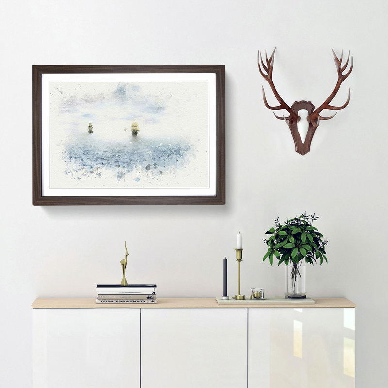 Pirate Ships on the Horizon - Framed Print, 50cm H x 76cm W x 2cm D, Walnut