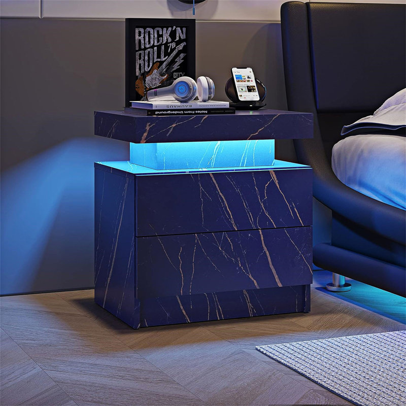 Table de bout moderne avec 2 tiroirs et lumières DEL, Bleu/doré