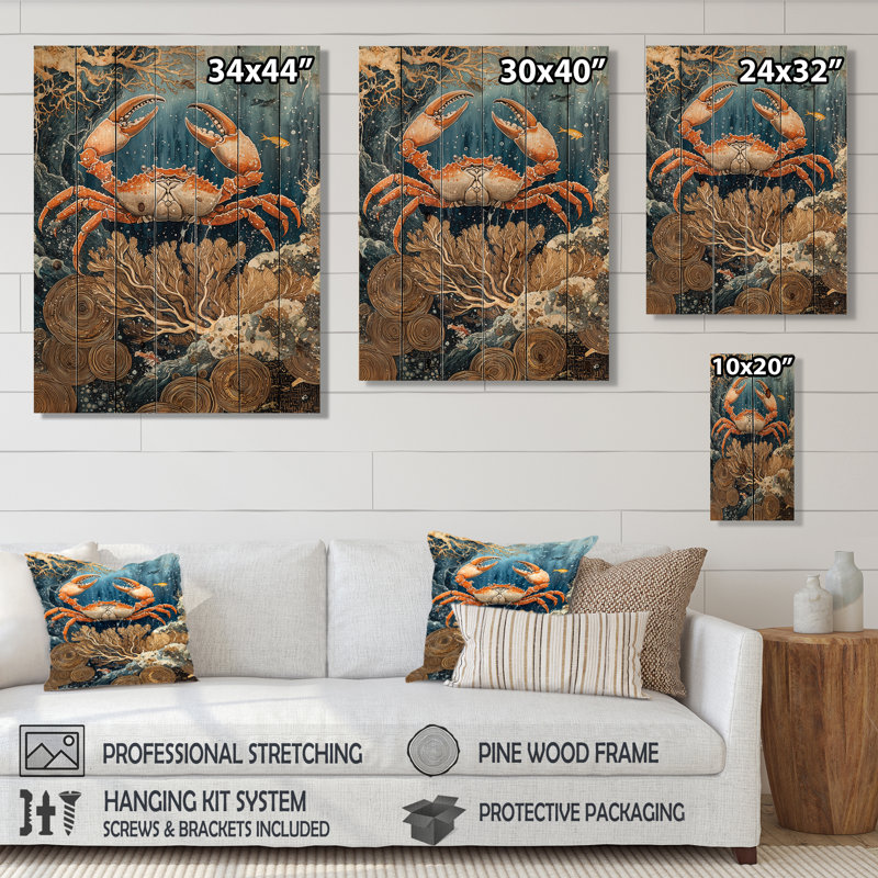 Aquarium bleu et blanc avec grand crabe III - Décoration murale en bois de crabe - sur bois de pin naturel