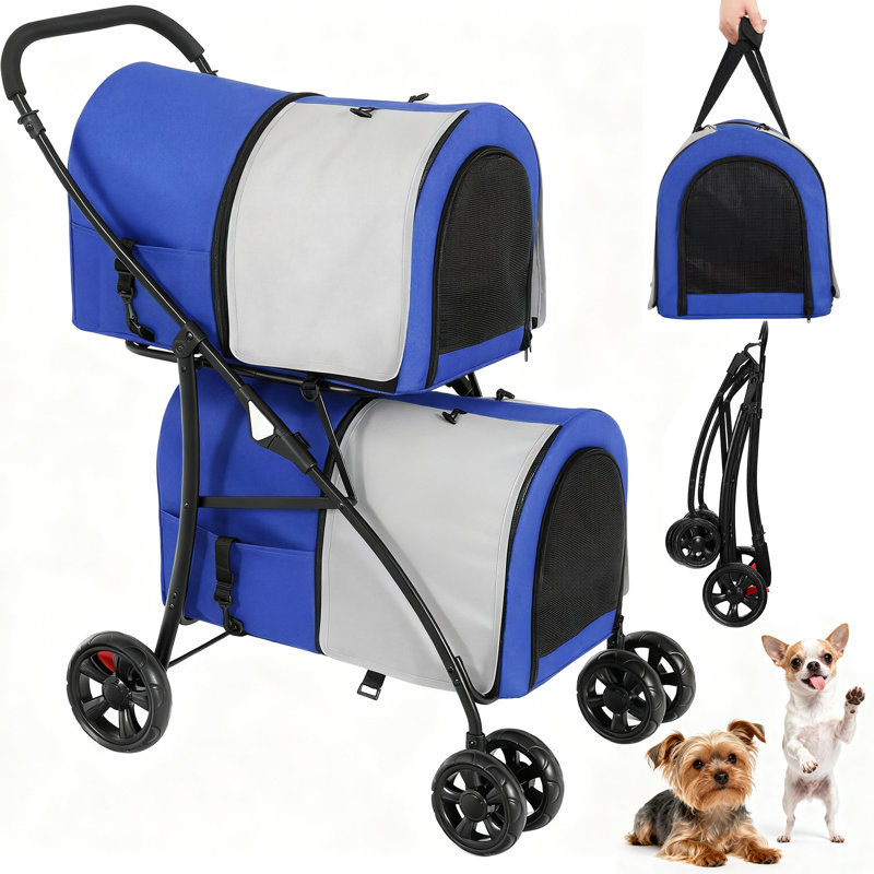 Balconera Double-Decker Dog Stroller, Pet Buggy, Capacity Up To 30Kg, Foldable Dog Carrier With Mesh Windows, Blue