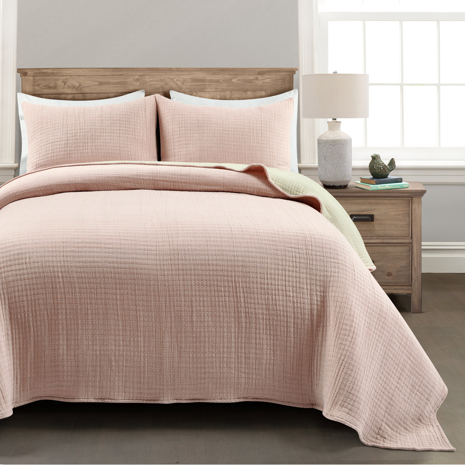 Cotton Quilt Set, Full/Queen Quilt + 2 Shams, Blush/Off White
