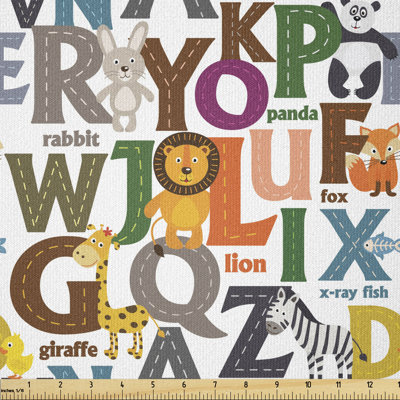Alphabet Fabric By The Yard, Illustration Of Colorful Animals And Their Initials Learning For, Stretch Knit Fabric For Clothing Sewing And Arts Crafts, 3 Yards, Multicolor